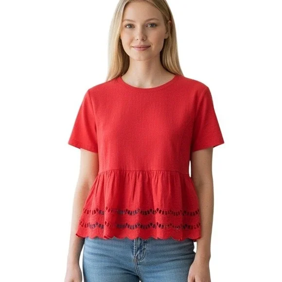 Pomander Place Red Eyelet Peplum T Shirt Women's Size S Short Sleeve Casual Top - Picture 1 of 8
